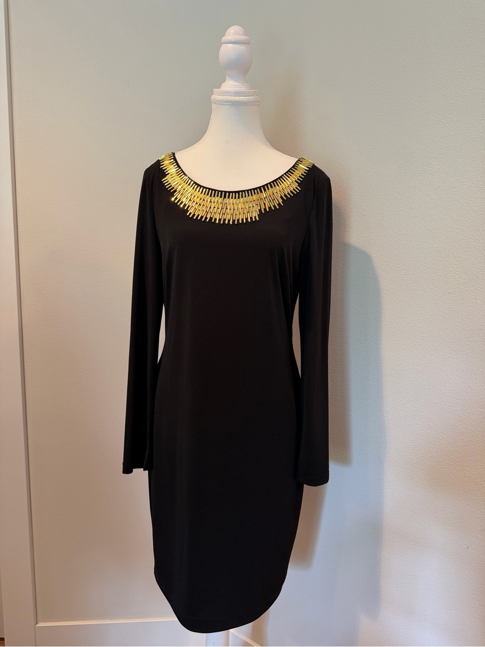 Calvin Klein Black Long-Sleeve Dress with Gold Beaded Neckline
